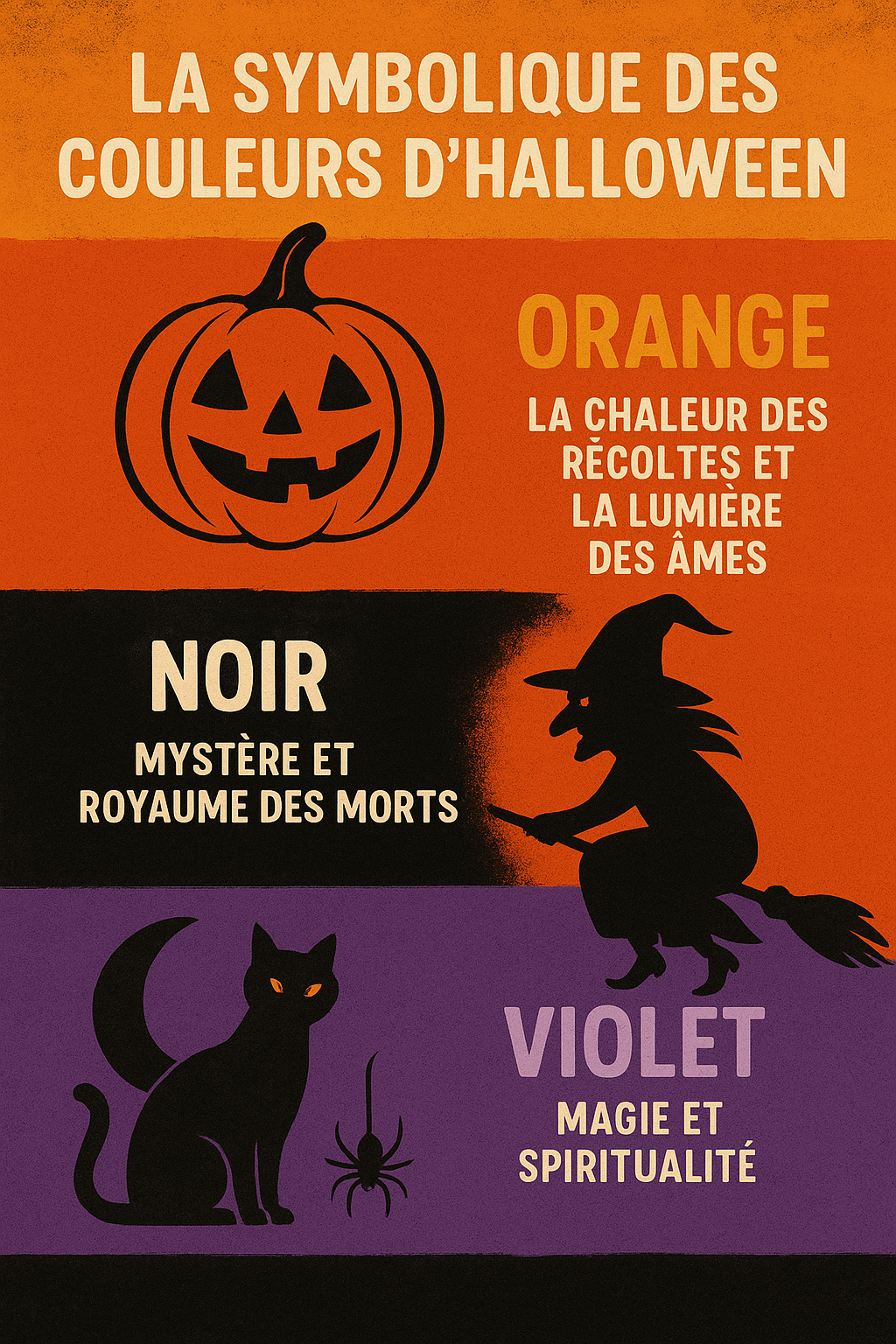 La symbolique des couleurs d'Halloween : orange, noir, violet.